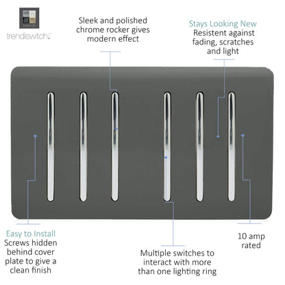 Trendi Artistic Modern Glossy 6 Gang 2 Way Rocker Double Plate Tactile Light Switch Charcoal