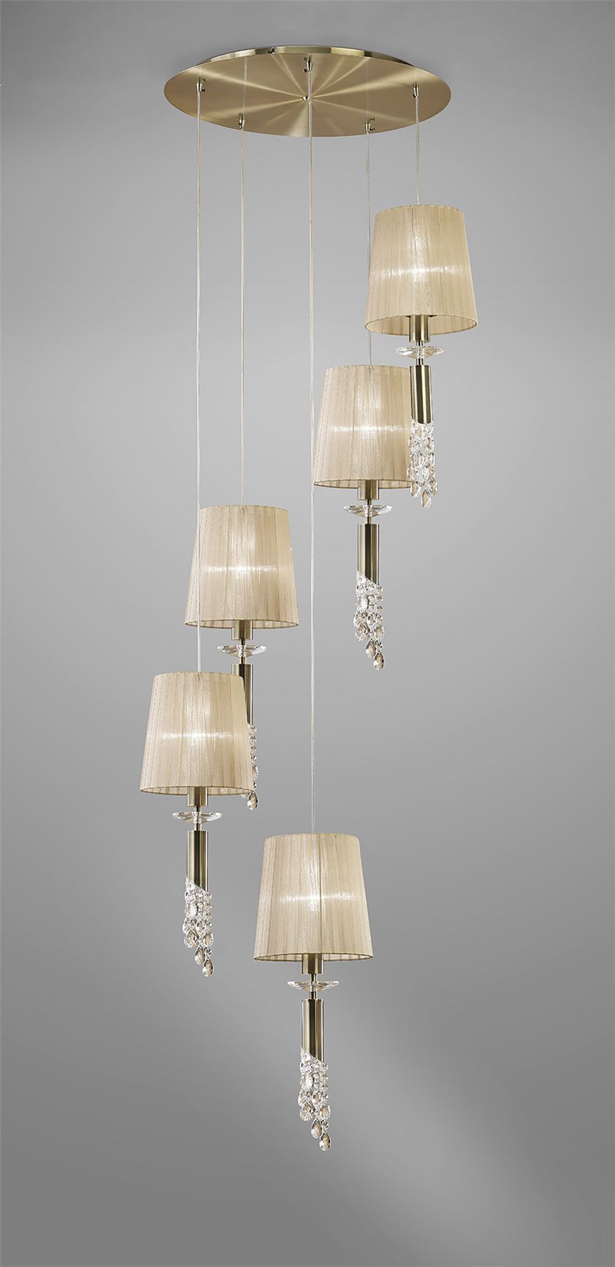 Mantra M3877 Tiffany Pendant 5+5 Light E27+G9 Spiral, Antique Brass with Soft Bronze Shades & Clear Crystal