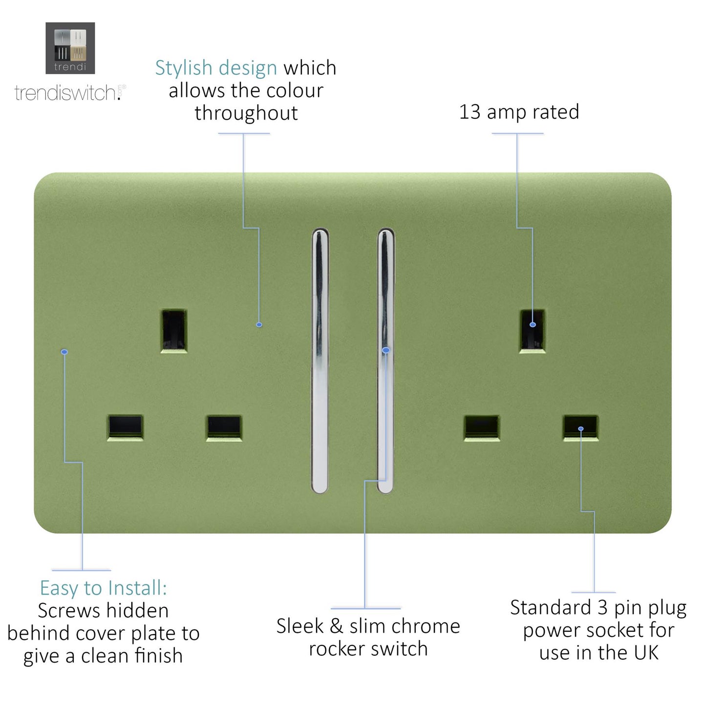 Trendi 2 Gang Artistic Modern Glossy 13 Amp Switched  Plug Socket Moss Green (3 Pack)