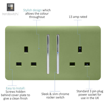 Trendi 2 Gang Artistic Modern Glossy 13 Amp Switched  Plug Socket Moss Green (3 Pack)