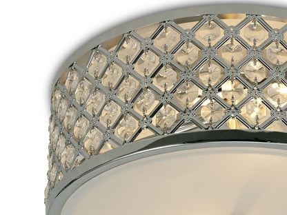 Deco Sasha 2 Light E14, Flush Ceiling Light, 300mm Round, Polished Chrome with Crystal Glass and Opal Glass Diffuser