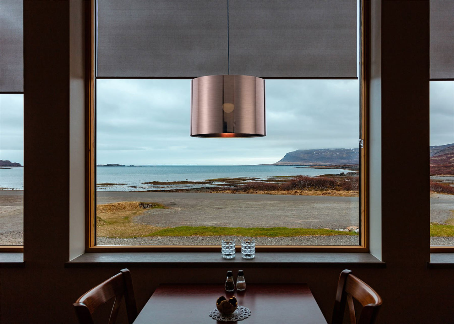 Deco Dako Black Pendant 1 Light E27 with 350 x 250mm Metallic Copper Finish Cylinder Shade, c/w Ceiling Bracket