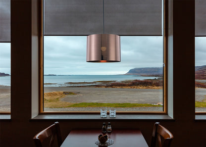 Deco Dako Black Pendant 1 Light E27 with 350 x 250mm Metallic Copper Finish Cylinder Shade, c/w Ceiling Bracket
