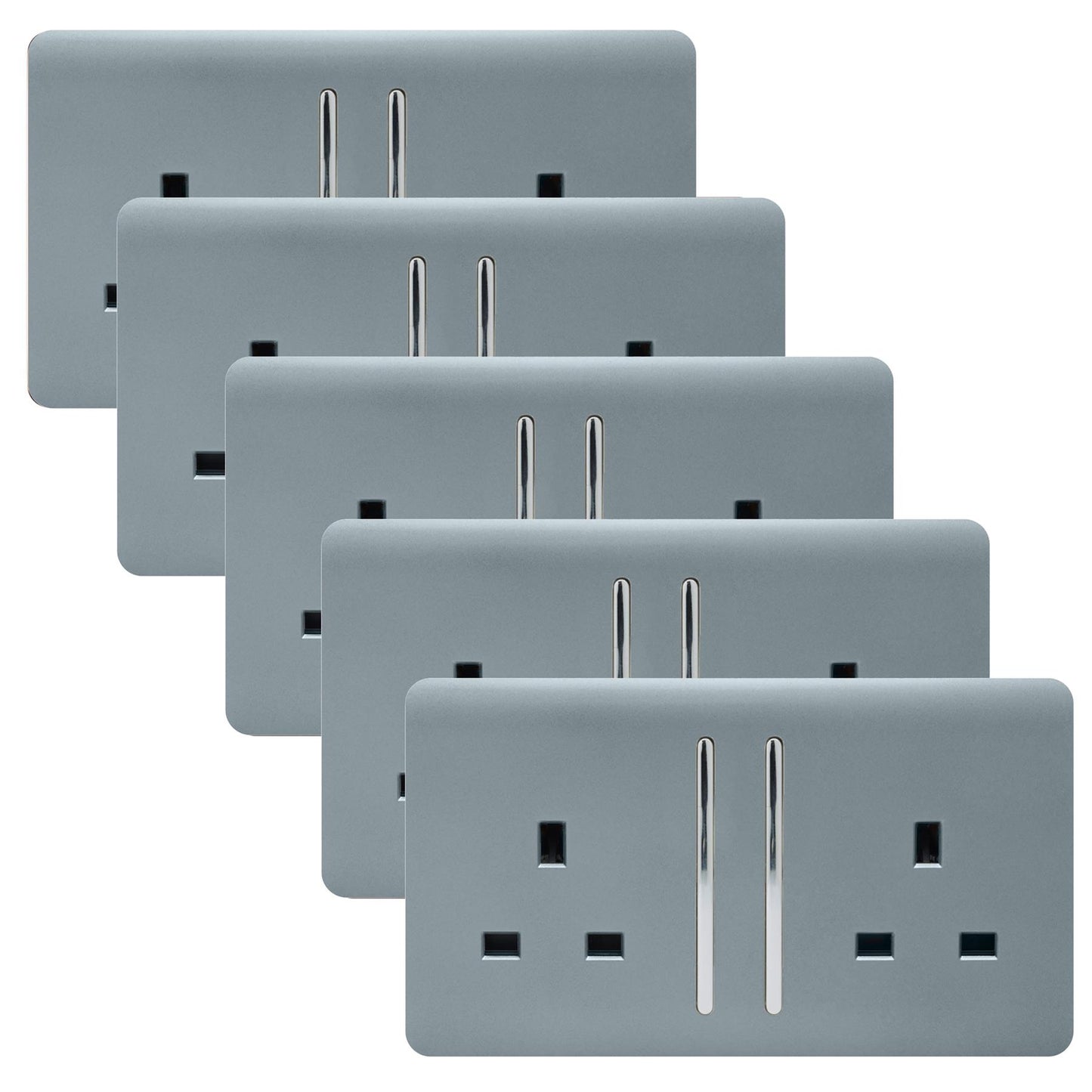 Trendi 2 Gang Artistic Modern Glossy 13 Amp Switched Tactile Plug Socket Cool Grey (5 Pack)