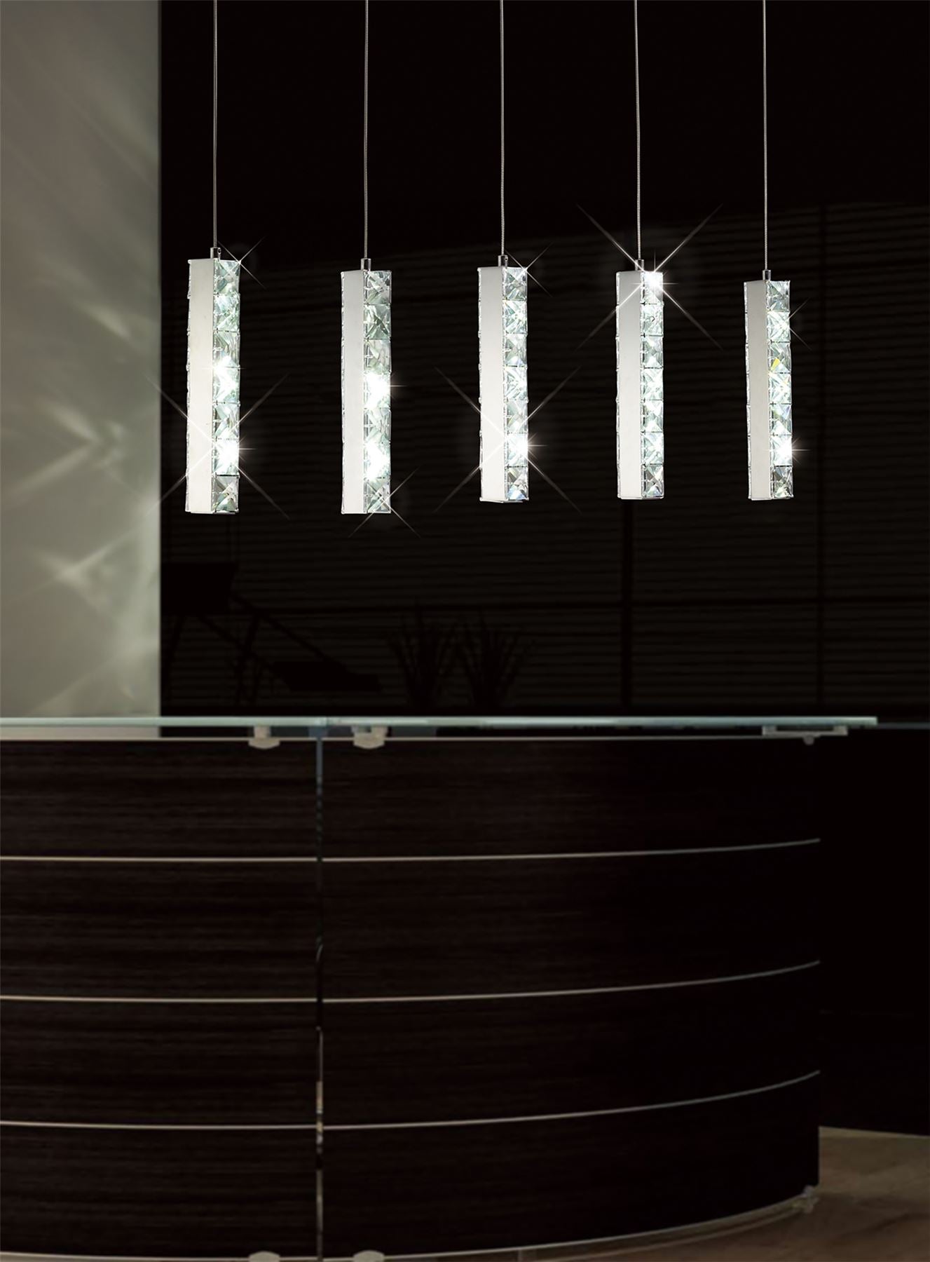 Diyas Galaxy Linear  5 Drop 15W LED 6000K Polished Chrome, Crystal Ceiling Pendant Light Fitting