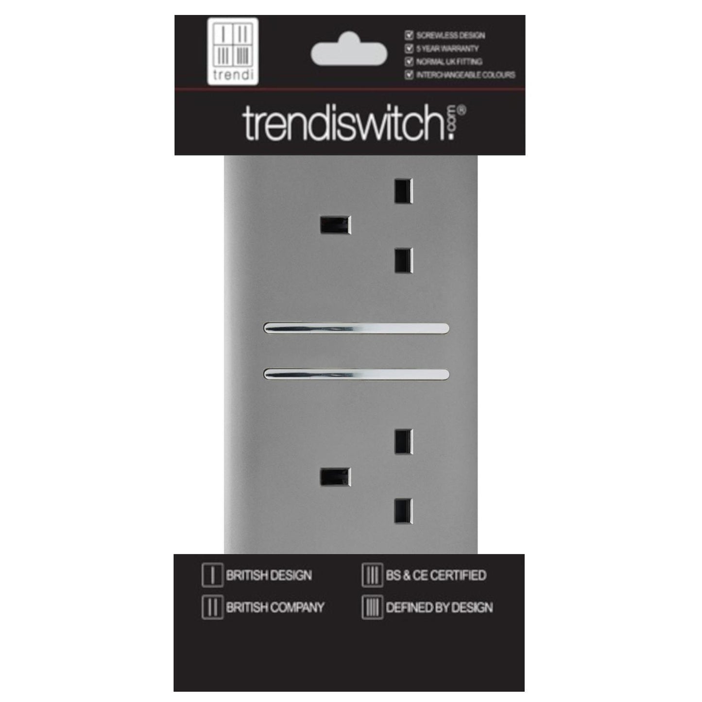 Trendi 2 Gang Artistic Modern Glossy 13 Amp Switched Tactile Plug Socket Light Grey (7 Pack)