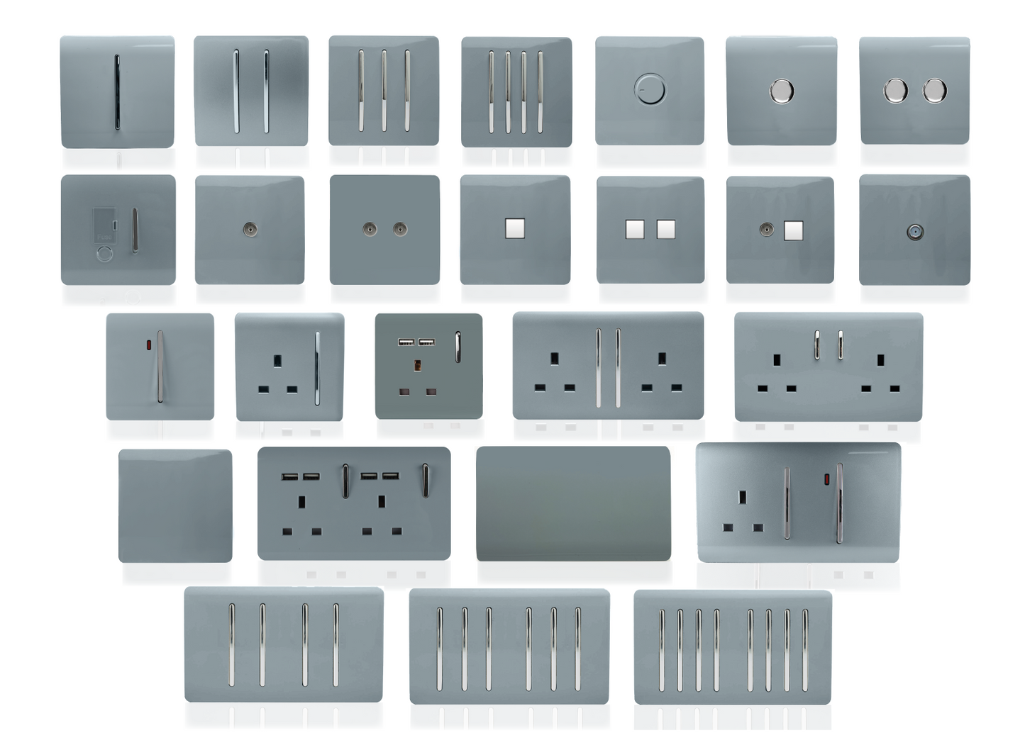 Trendi 2 Gang Artistic Modern Glossy 13 Amp Switched Tactile Plug Socket Cool Grey (5 Pack)