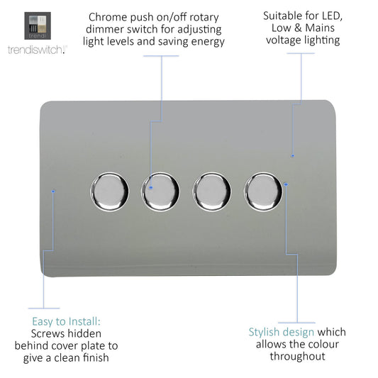 Trendi 4 Gang 2 Way 240V 100w LED Dimmer Screwless Raised Front Plate Plastic Artistic Modern Glossy 10 Amp Chrome Single Electrical Wall Light Switch in Platinum Silver - ART-4LDMSI