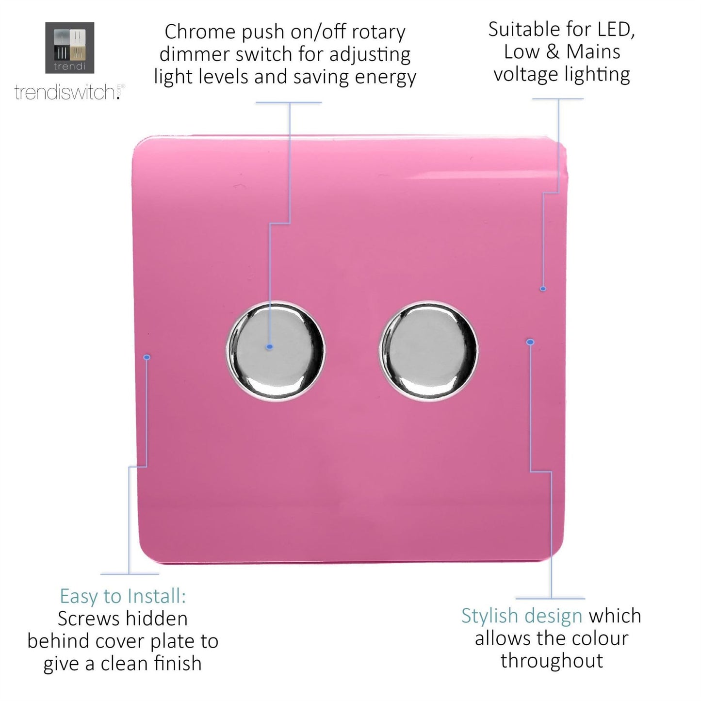 Trendi 2 Gang 2 Way 240V 100w LED Dimmer Screwless Raised Front Plate Plastic Artistic Modern Glossy 10 Amp Chrome Single Electrical Wall Light Switch in Candy Pink - ART-2LDMPK