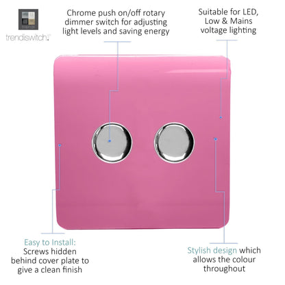 Trendi 2 Gang 2 Way 240V 100w LED Dimmer Screwless Raised Front Plate Plastic Artistic Modern Glossy 10 Amp Chrome Single Electrical Wall Light Switch in Candy Pink - ART-2LDMPK