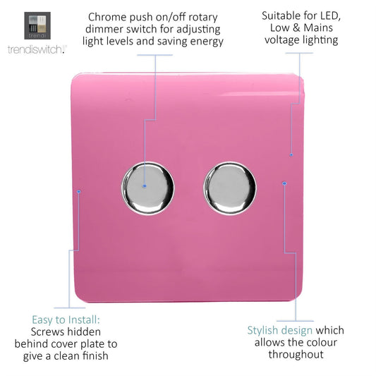 Trendi 2 Gang 2 Way 240V 100w LED Dimmer Screwless Raised Front Plate Plastic Artistic Modern Glossy 10 Amp Chrome Single Electrical Wall Light Switch in Candy Pink - ART-2LDMPK