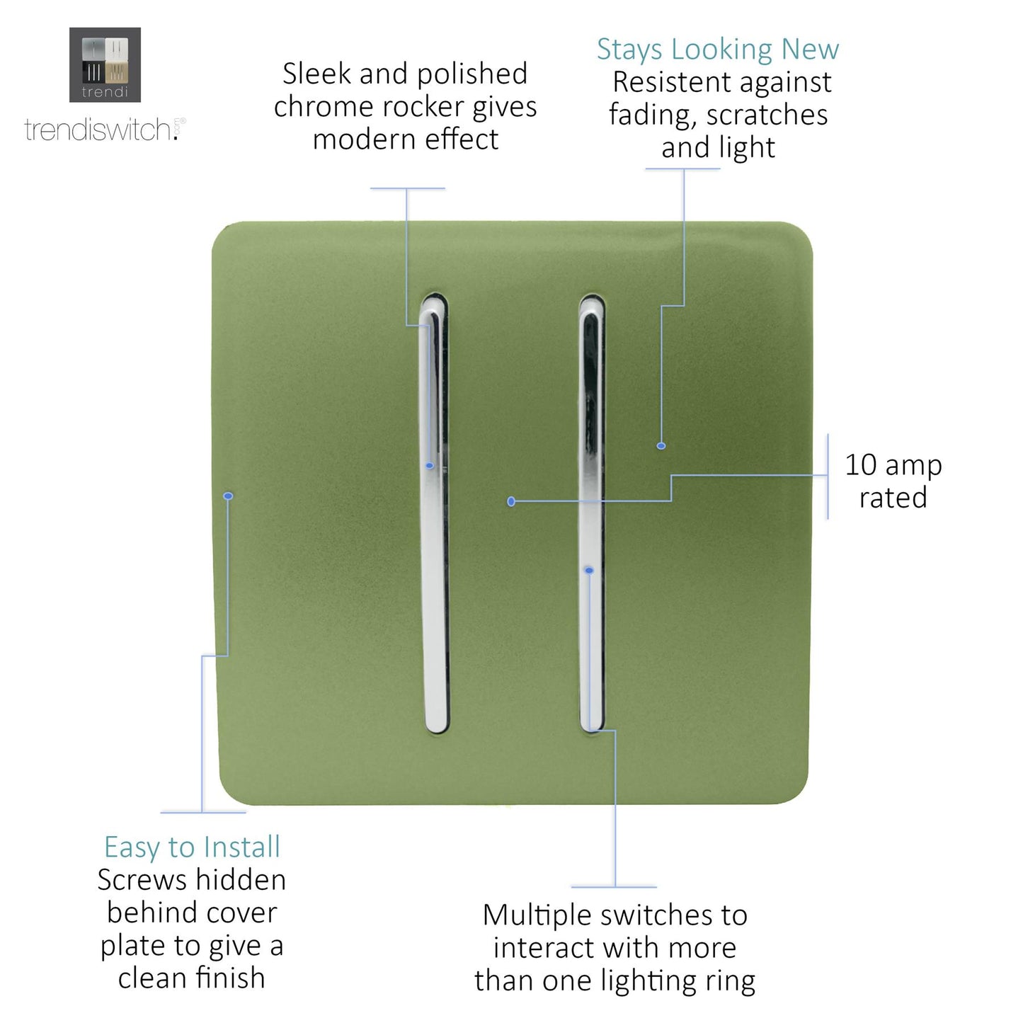 Trendi 2 Gang 2 Way 240V Screwless Artistic Modern Glossy 10 Amp Chrome Rocker Electrical Wall Light Switch in Moss Green (2 pack)