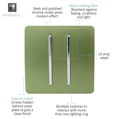 Trendi 2 Gang 2 Way 240V Screwless Artistic Modern Glossy 10 Amp Chrome Rocker Electrical Wall Light Switch in Moss Green (2 pack)