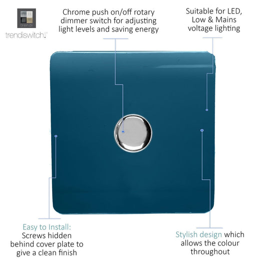 Trendi 1 Gang 2 Way 240V 100w LED Dimmer Screwless Raised Front Plate Plastic Artistic Modern Glossy 10 Amp Chrome Single Electrical Wall Light Switch in Midnight Blue - ART-LDMMD