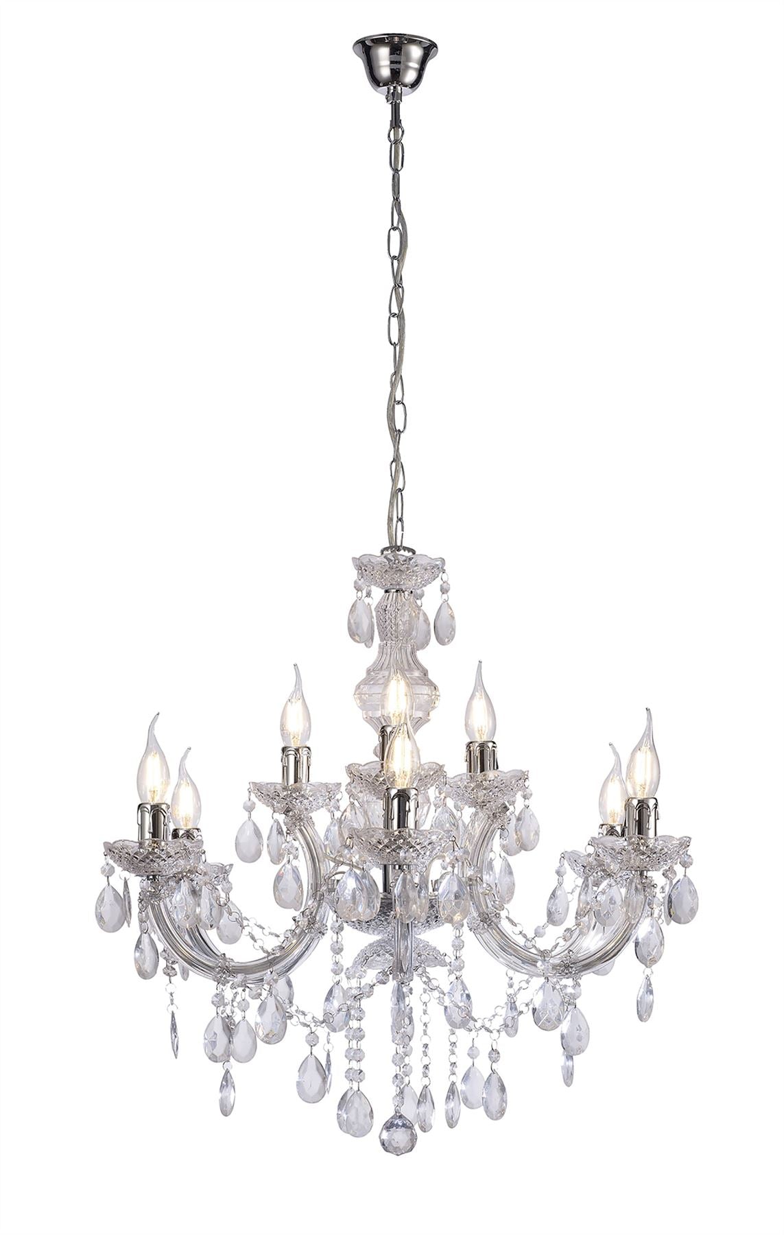 Deco Floria Chandelier with Acrylic Sconce & Acrylic Droplets 6+3 Light E14 Polished Chrome Finish