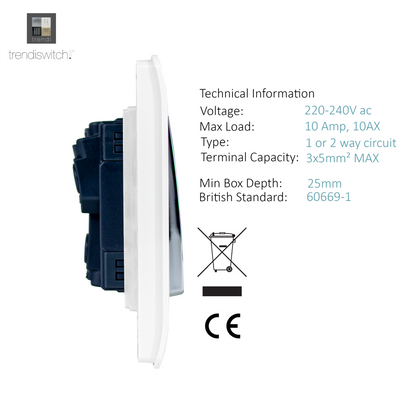 Trendi 2 Gang 2 Way 240V Screwless Artistic Modern Glossy 10 Amp Chrome Rocker Electrical Wall Light Switch in Ice White (2 pack)
