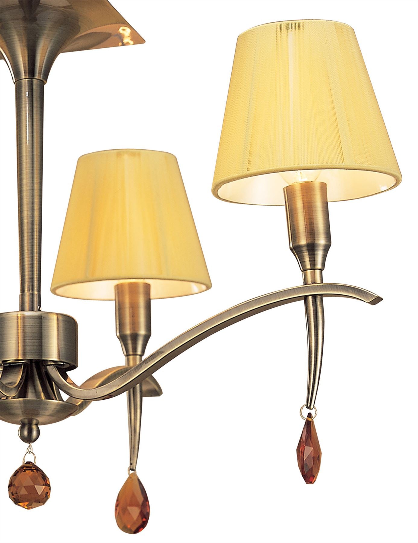 Mantra Siena 55cm Semi Flush Round 4 Light E14, Antique Brass with Amber Cream Shades and Amber Crystal