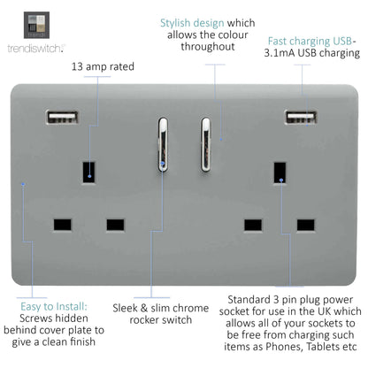Trendi 2 Gang Artistic Modern Glossy 13 Amp 2 x 3.1mA USB Switched Plug Socket Silver