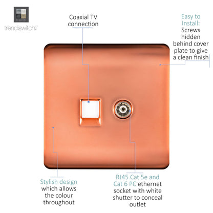 Trendi Artistic Modern Glossy Tactile TV Co-axial Socket + Telephone Socket Copper