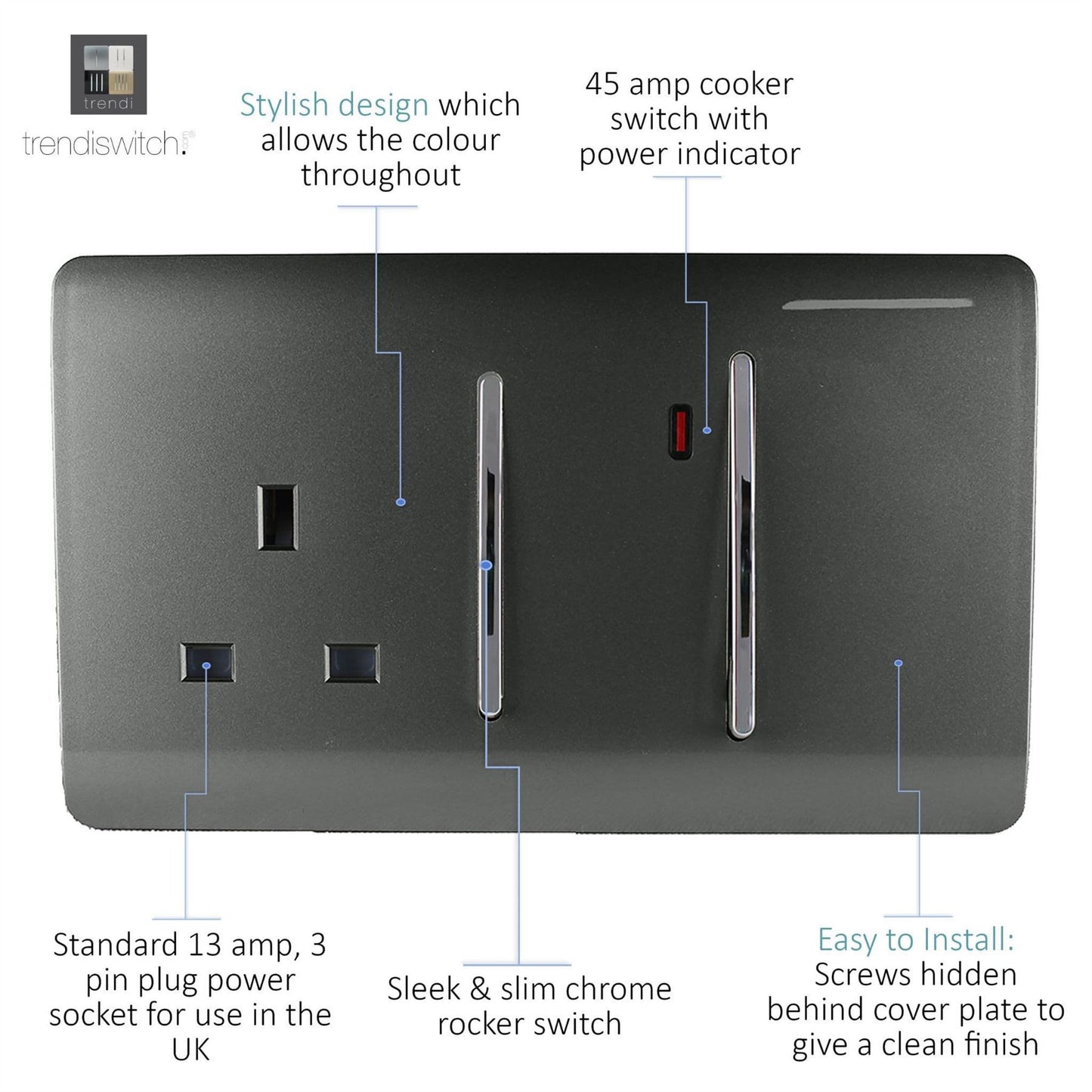 Trendi Artistic Modern Glossy 45 A Cooker Switch & Plug Socket Inc Neon Insert Charcoal