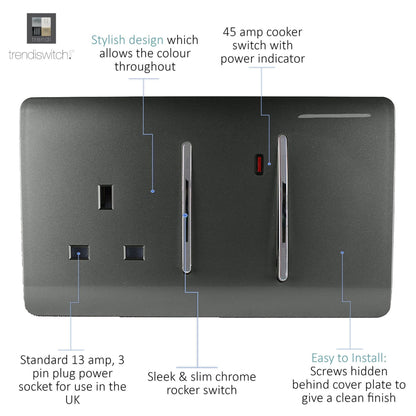 Trendi Artistic Modern Glossy 45 A Cooker Switch & Plug Socket Inc Neon Insert Charcoal