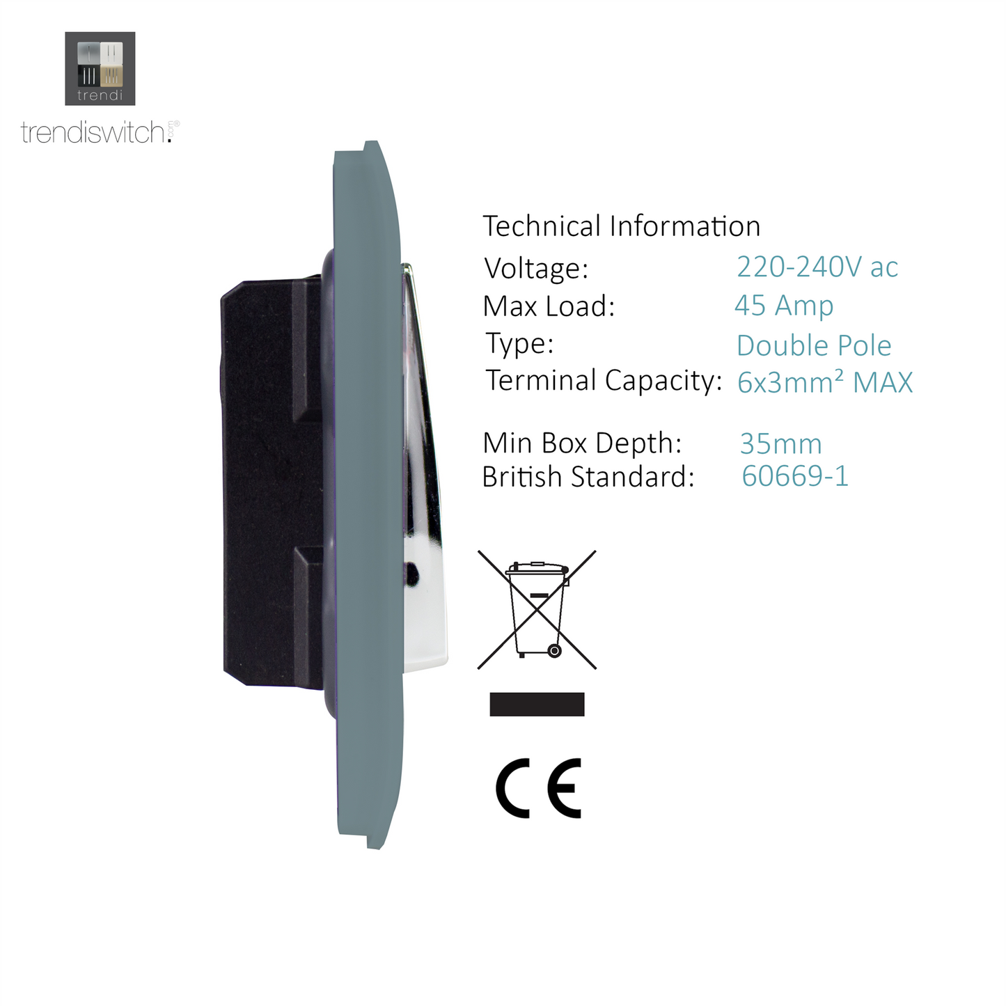 Trendi Artistic Modern Glossy 45 A Tactile Light Switch & Neon Insert Cool Grey