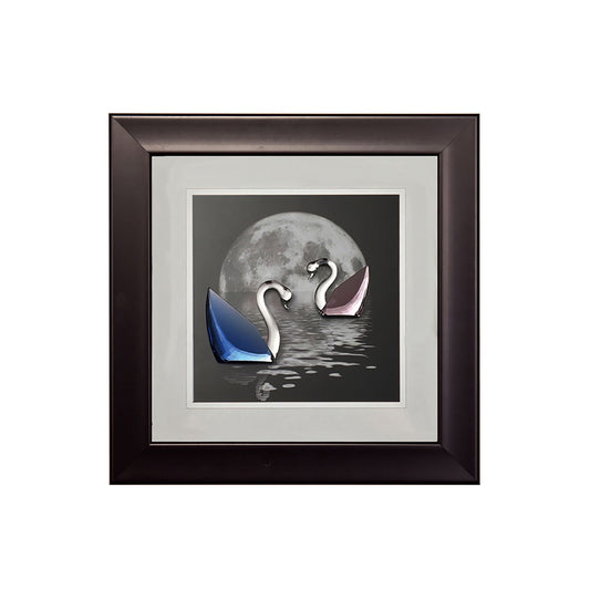 Diyas Home Crystal Wall Art (DH) Nature Moonlight Swans Black Frame Blue, Pink, Clear Crystal