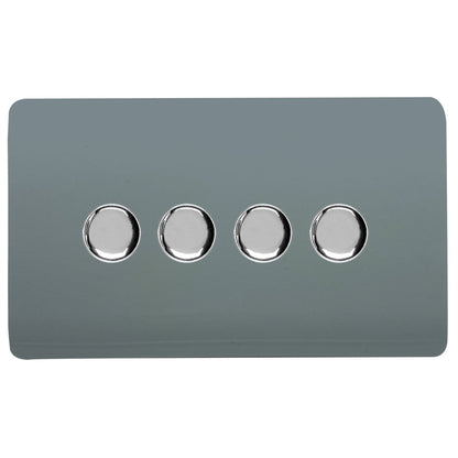 Trendi 4 Gang 2 Way 240V 100w LED Dimmer Screwless Raised Front Plate Plastic Artistic Modern Glossy 10 Amp Chrome Single Electrical Wall Light Switch in Cool Grey - ART-4LDMCG