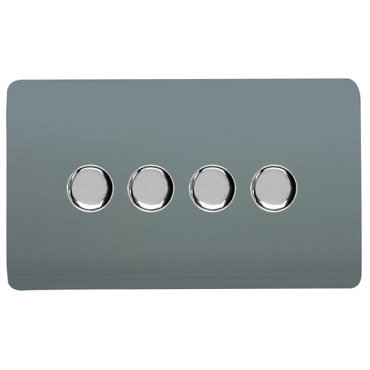 Trendi 4 Gang 2 Way 240V 100w LED Dimmer Screwless Raised Front Plate Plastic Artistic Modern Glossy 10 Amp Chrome Single Electrical Wall Light Switch in Cool Grey - ART-4LDMCG