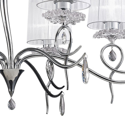 Mantra Louise Pendant 6 Light E27 with White Shades Polished Chrome/Clear Crystal