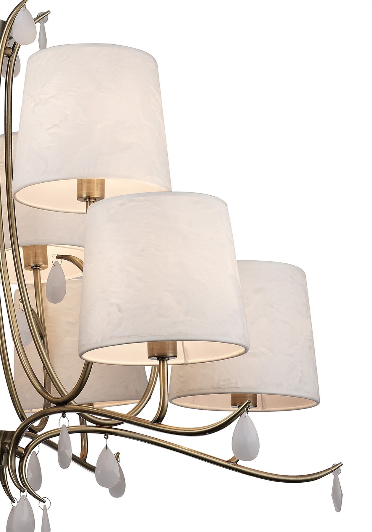 Mantra M6331 Andrea Pendant 88cm Round, 6+3 x E14 (Max 20W), Antique Brass, White Shades, White Crystal Droplets