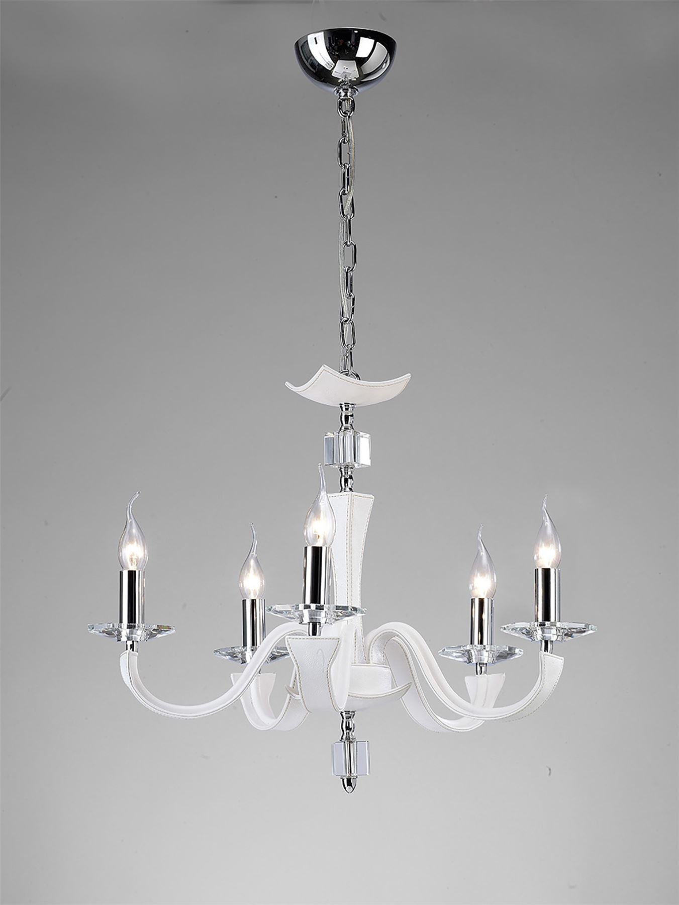 Diyas Nardini 60cm  5 Light E14 Polished Chrome/White Faux Leather/Crystal Ceiling Pendant Light Fitting