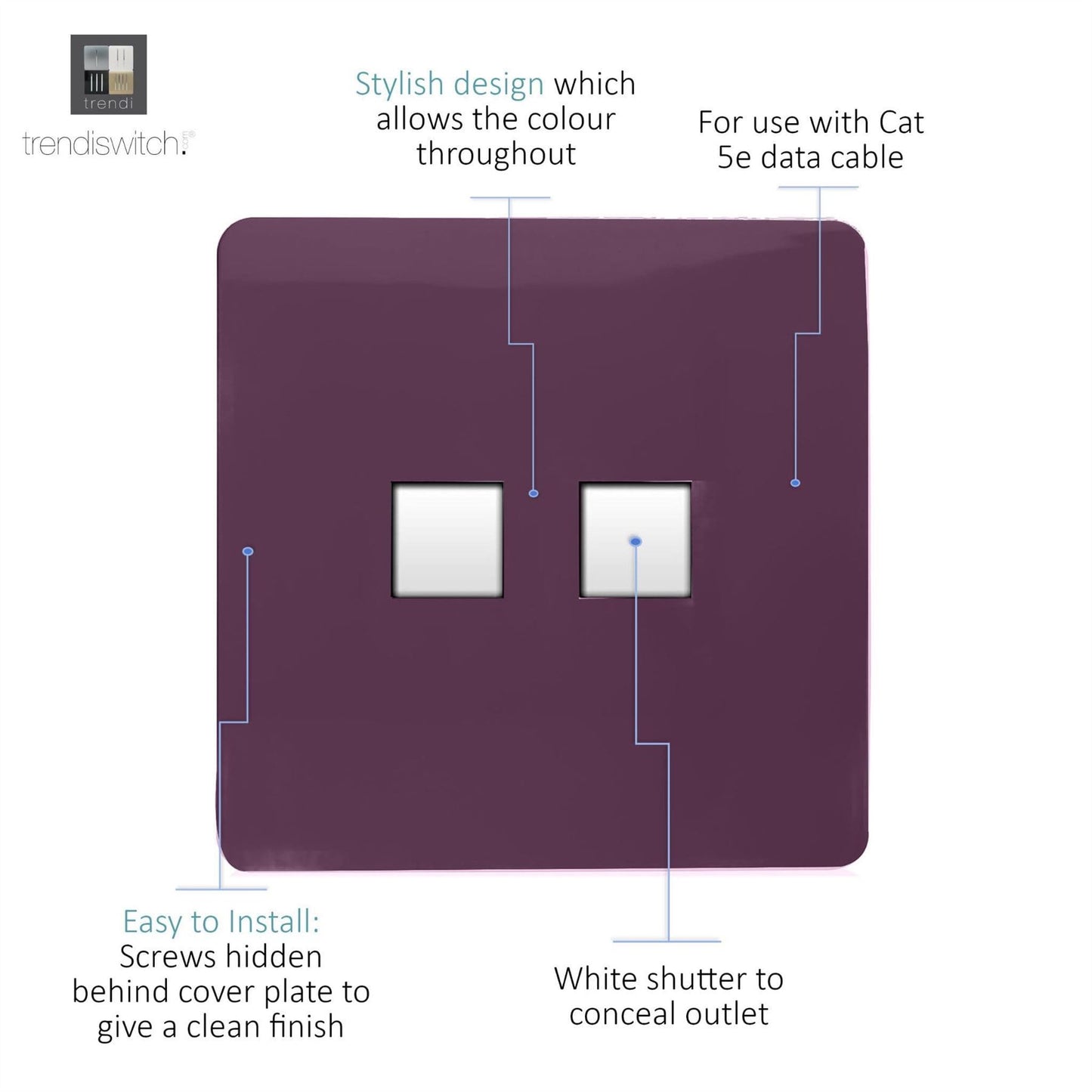 Trendi Artistic Modern Glossy 2 Gang Tactile RJ45 Cat 5e&Cat 6 PC Ethernet Socket Plum