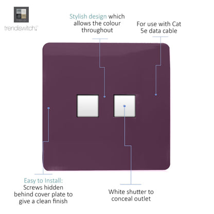 Trendi Artistic Modern Glossy 2 Gang Tactile RJ45 Cat 5e&Cat 6 PC Ethernet Socket Plum