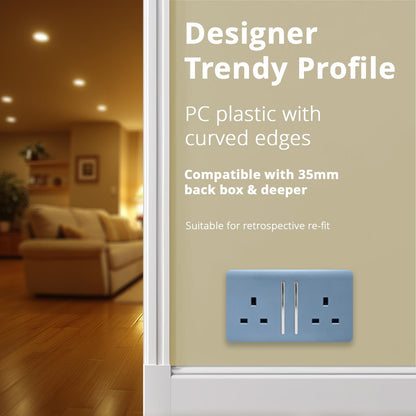 Trendi 2 Gang Raised Artistic Modern Glossy Screwless 13 Amp Single Pole with Chrome Switched UK Standard Electrical Double Wall Plug Socket in Sky Blue - ART-SKT213LSK