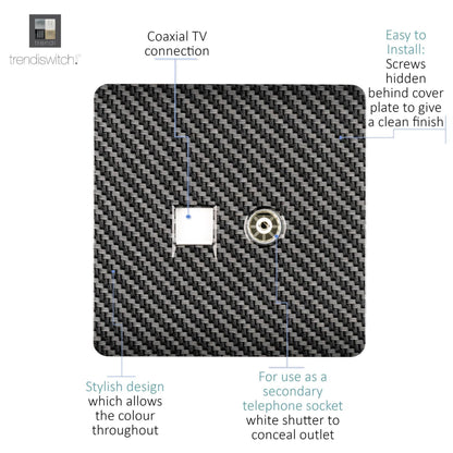 Trendi Switch 2 Gang Female TV Co-Axial & Modern Designer Telephone Slave Sockets in Carbon Fibre