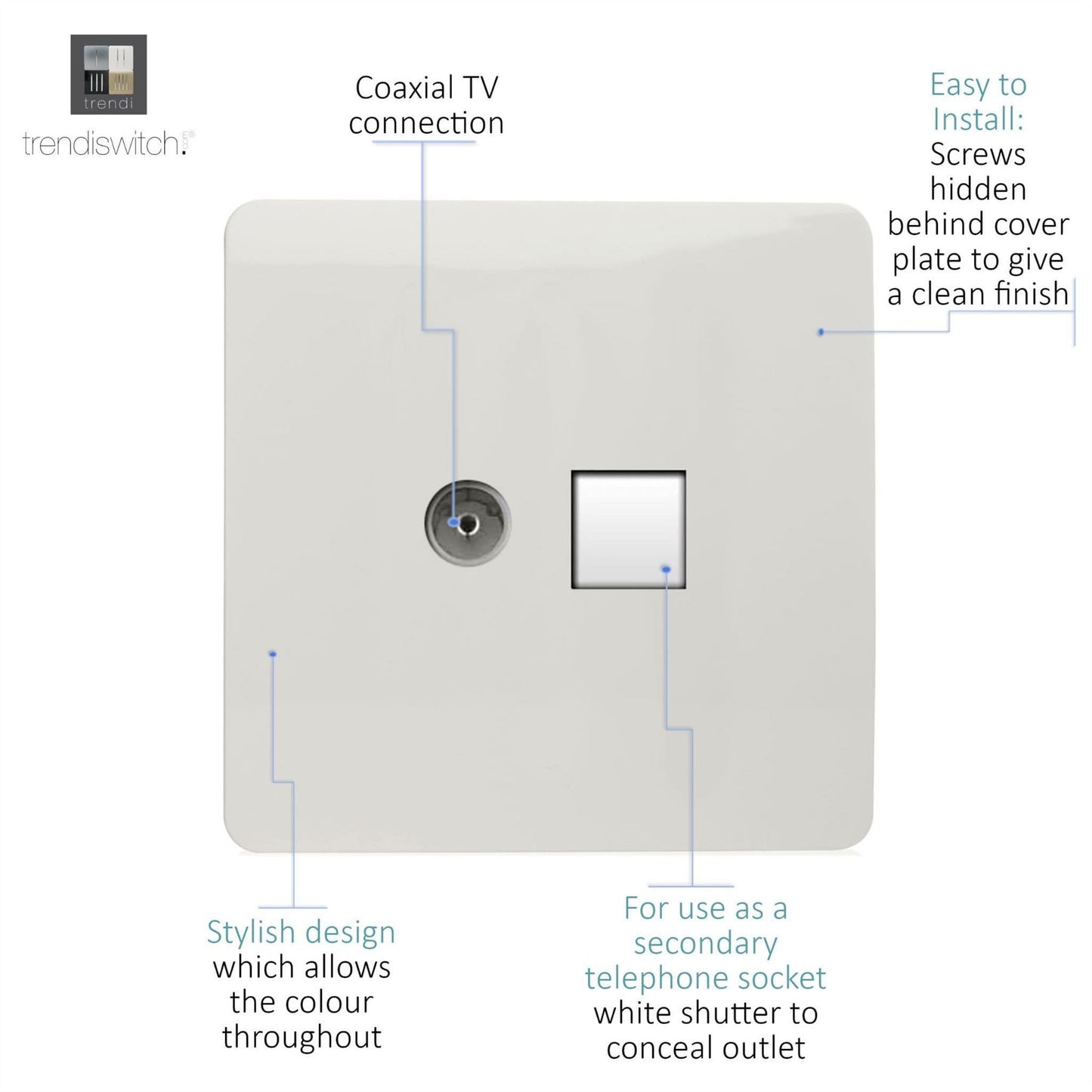 Trendi Artistic Modern TV Co-axial Socket + Telephone Socket White ART-TLP+TVWH