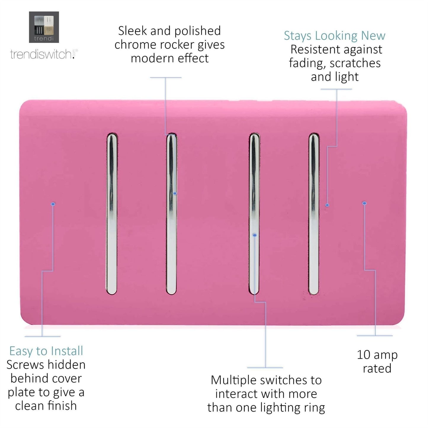 Trendi 4 Gang (2 Way & 2xIntermediate) Glossy 10 Amp Rocker Light Switch Pink