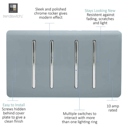 Trendi 4 Gang (2 Way & 2xIntermediate) Glossy 10 Amp Rocker Light Switch Cool Grey