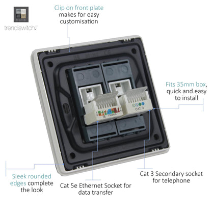 Trendi Switch 2 Gang RJ45 Cat 5e  Ethernet & Telephone Secondary Sockets Matt White - ART-TLP+PCMWH