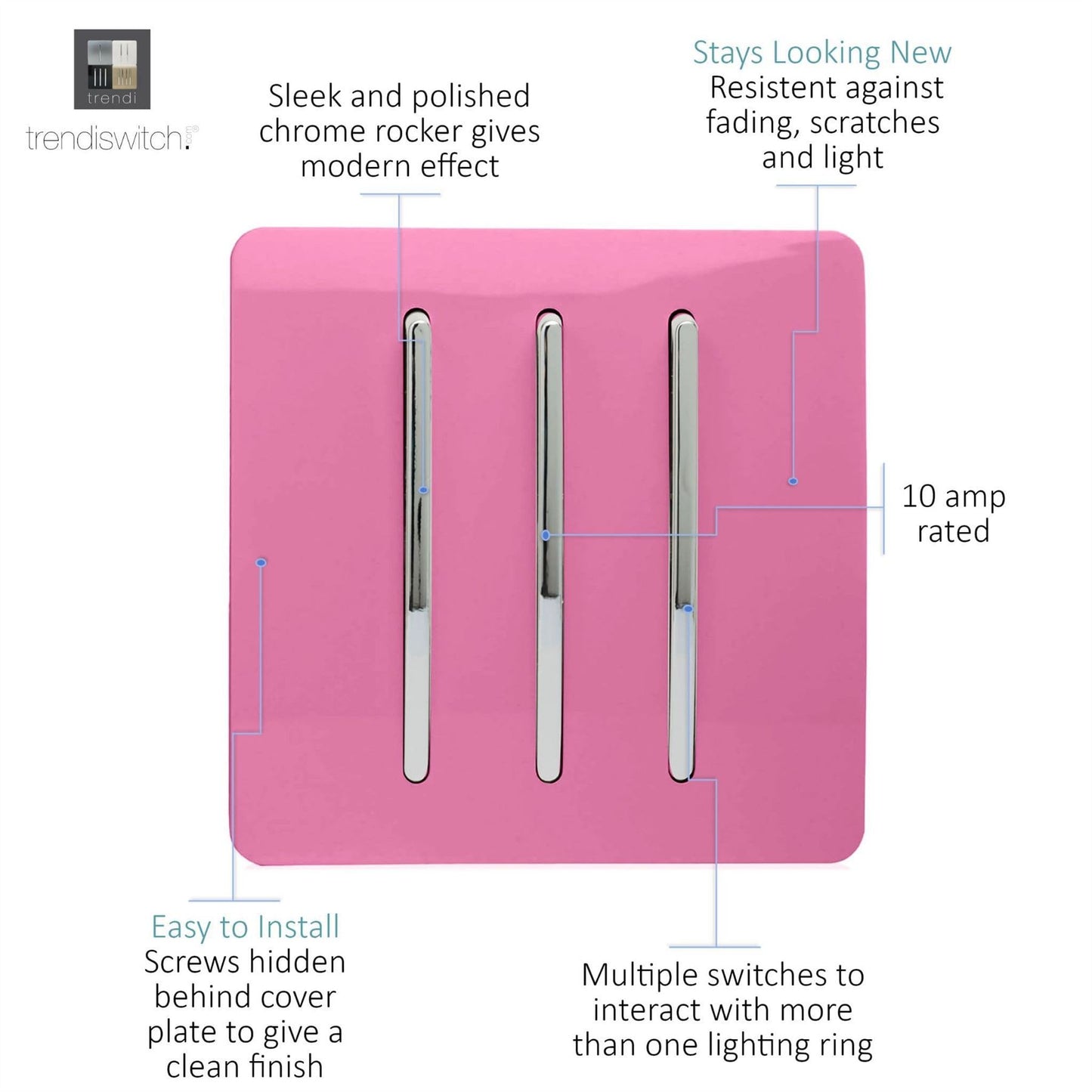 Trendi 3 Gang 2 Way Artistic Modern Glossy 10 Amp Rocker Tactile Light Switch Pink