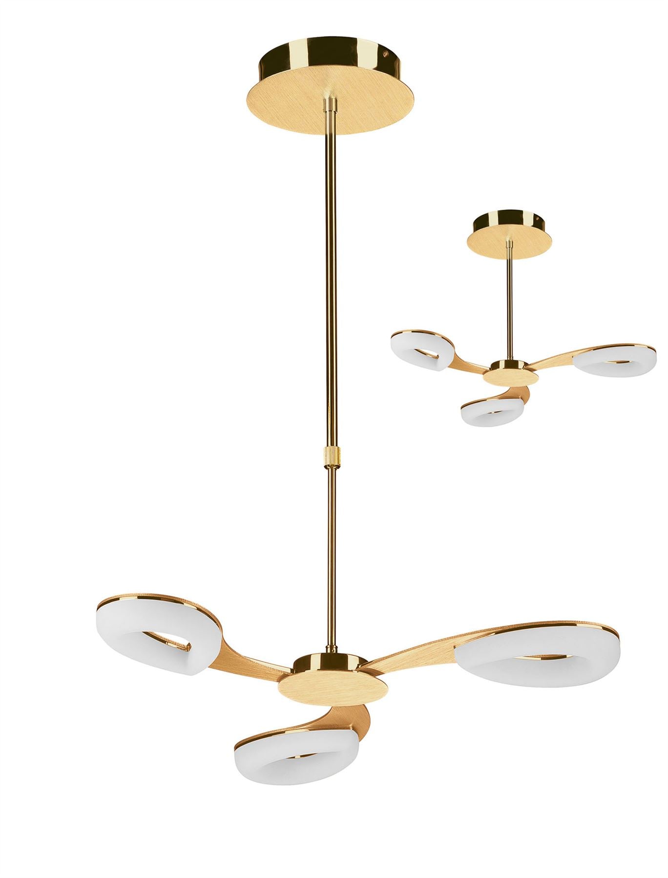 Mantra Fusion Juno 58cm Telescopic Convertible To Semi Flush 3 Light 15W LED 3000K, 1350lm, Satin Gold/Frosted Acrylic/Gold, 3yrs Warranty