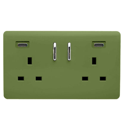 Moss Green Screwless 2 Gang Switched Double Socket 13A With 2 x USB-C 24W (Shared), (35mm Back Box Req.), 10yrs Warranty