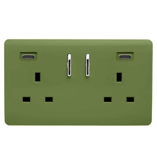 Moss Green Screwless 2 Gang Switched Double Socket 13A With 2 x USB-C 24W (Shared), (35mm Back Box Req.), 10yrs Warranty