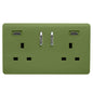 Moss Green Screwless 2 Gang Switched Double Socket 13A With 2 x USB-C 24W (Shared), (35mm Back Box Req.), 10yrs Warranty