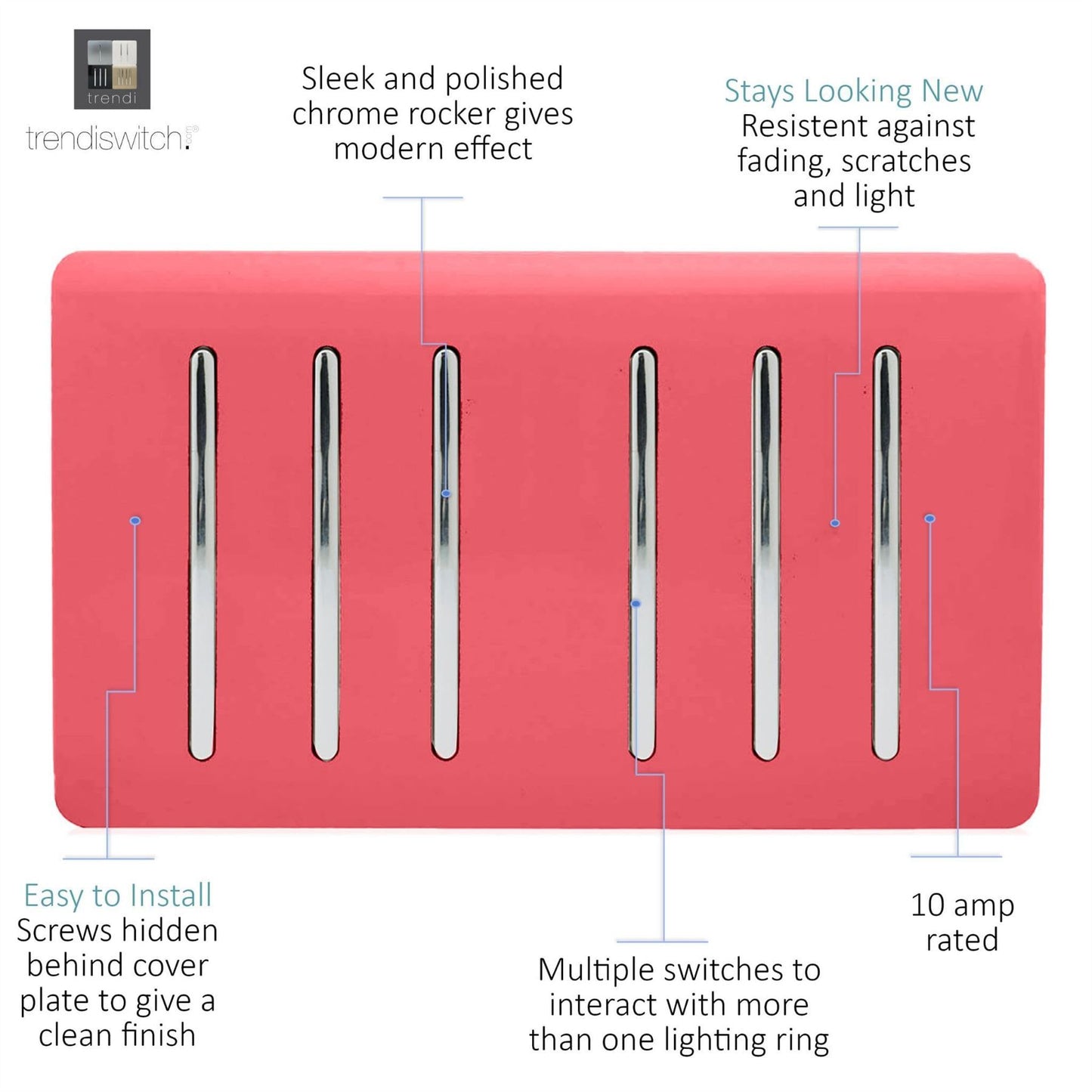 Trendi Artistic Modern Glossy 6 Gang 2 Way Rocker Double Plate Tactile Light Switch Strawberry