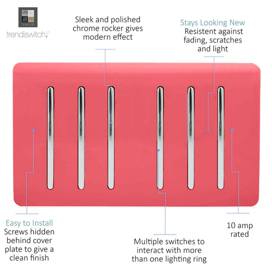 Trendi Artistic Modern Glossy 6 Gang 2 Way Rocker Double Plate Tactile Light Switch Strawberry