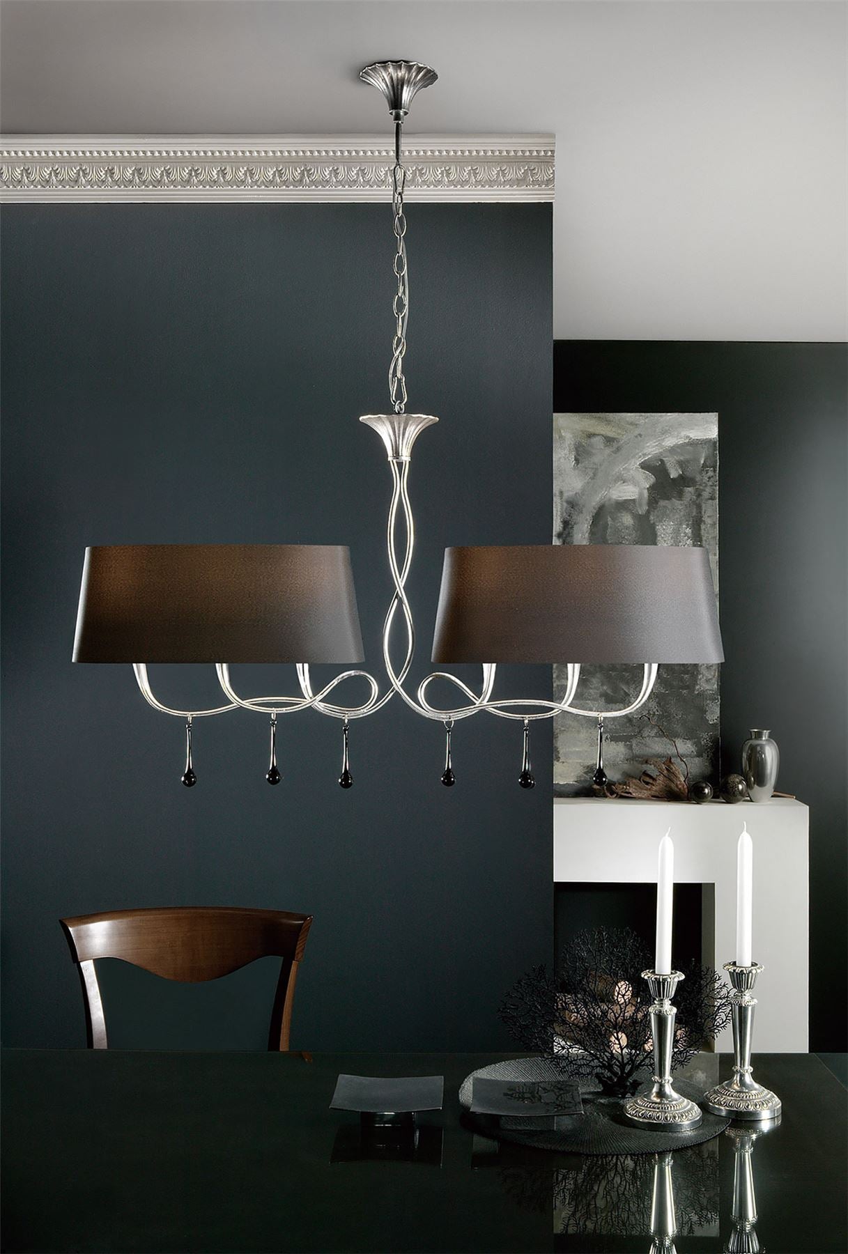 Mantra M0531 Paola Linear Pendant 2 Arm 6 Light E14, Silver Painted with Black Shades & Black Glass Droplets
