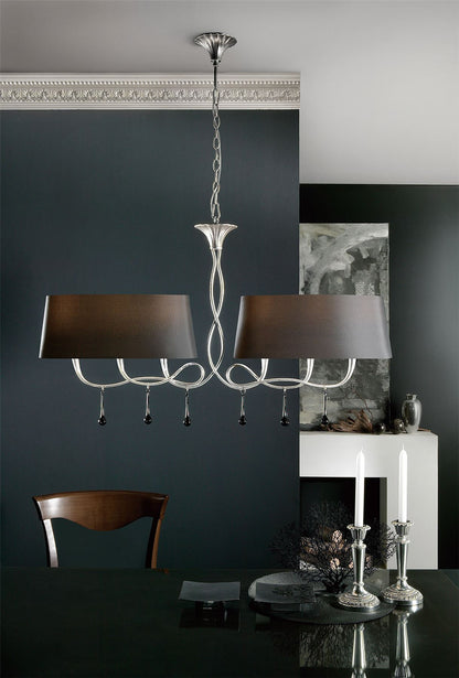 Mantra M0531 Paola Linear Pendant 2 Arm 6 Light E14, Silver Painted with Black Shades & Black Glass Droplets