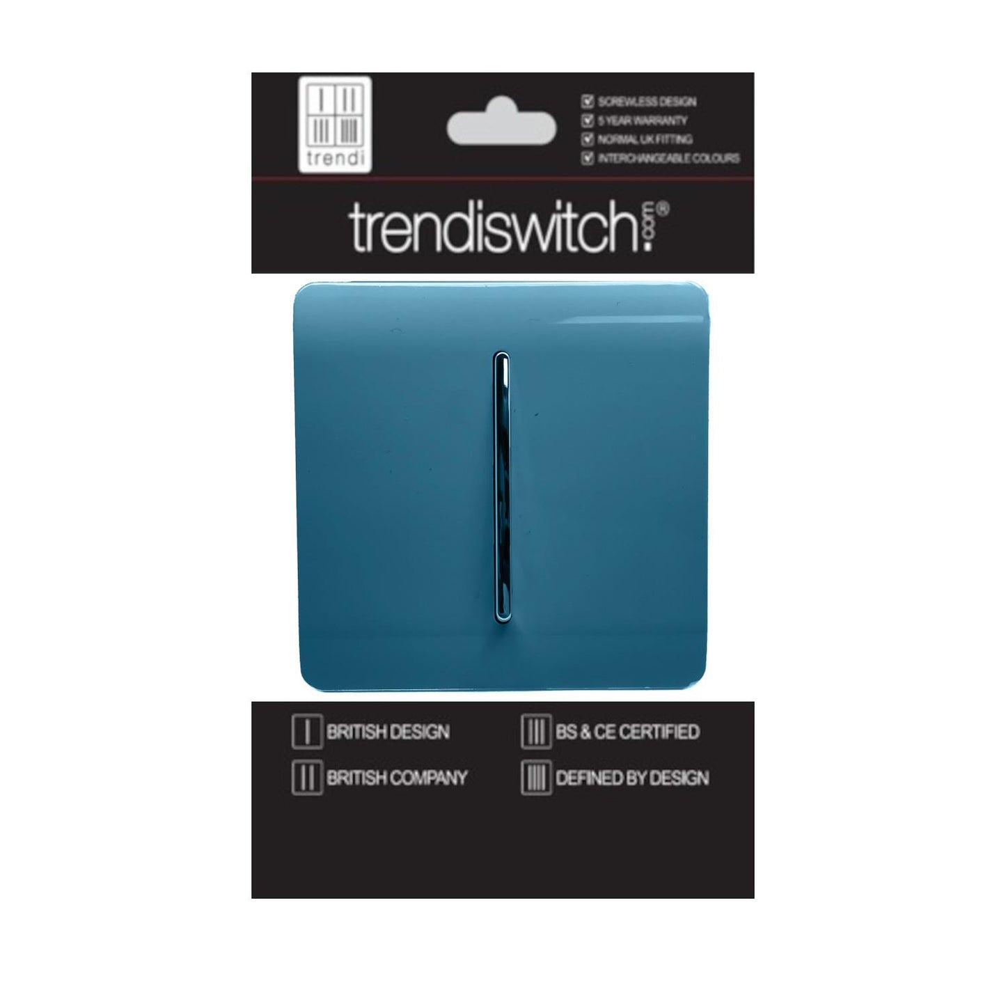 Trendi 1 Gang 2 Way 240V Screwless Artistic Modern Glossy 10 Amp Chrome Rocker Electrical Wall Light Switch in Ocean Blue (5 pack)